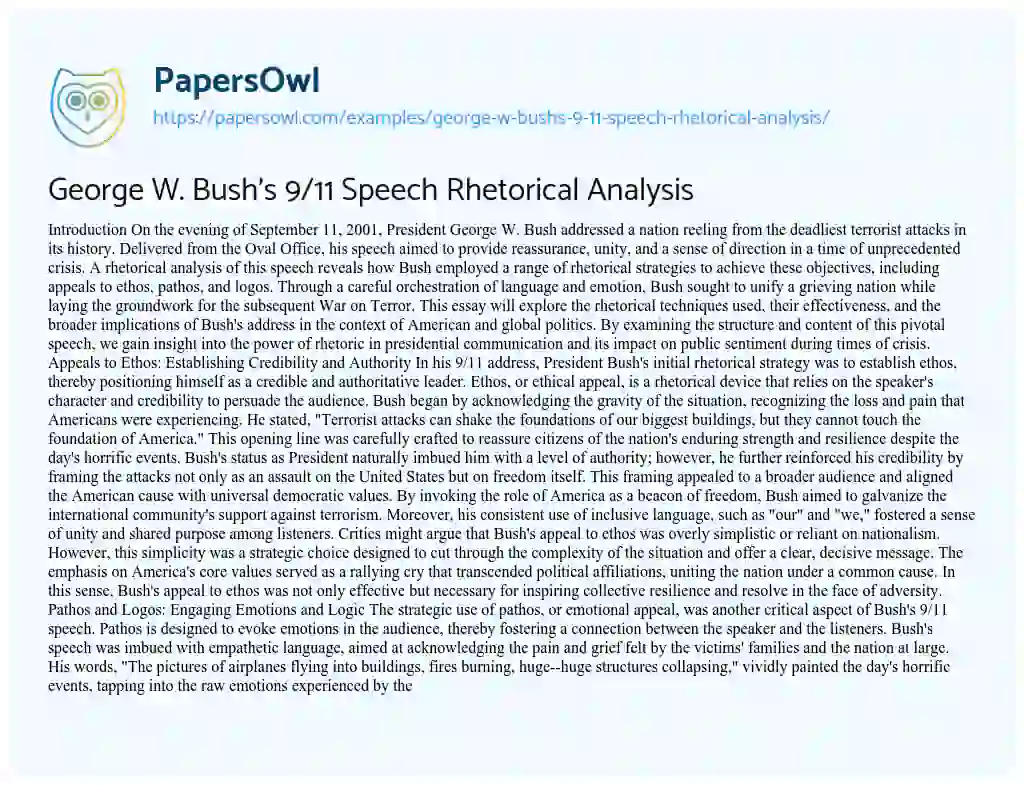 Essay on George W. Bush’s 9/11 Speech Rhetorical Analysis