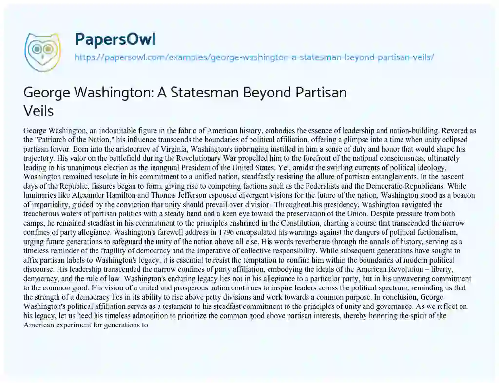 Essay on George Washington: a Statesman Beyond Partisan Veils