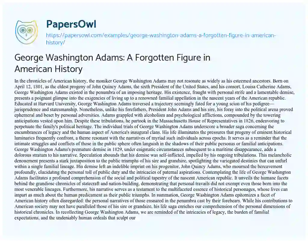 Essay on George Washington Adams: a Forgotten Figure in American History