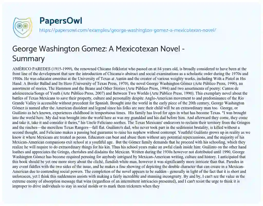 Essay on George Washington Gomez: a Mexicotexan Novel – Summary