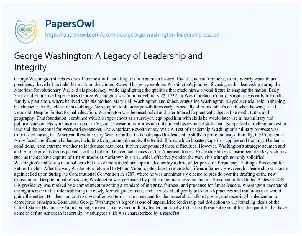 Essay on George Washington Leadership Essay