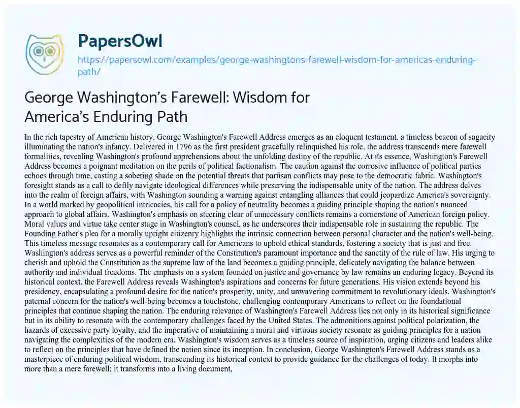 Essay on George Washington’s Farewell: Wisdom for America’s Enduring Path
