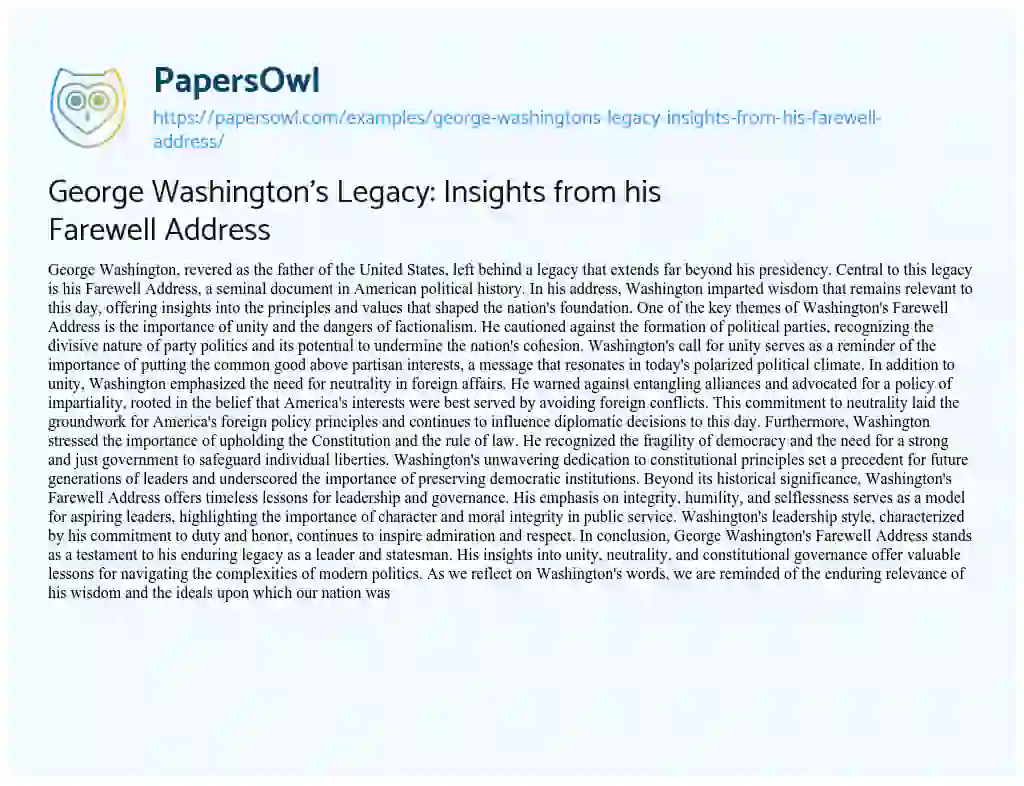 Essay on George Washington’s Legacy: Insights from his Farewell Address