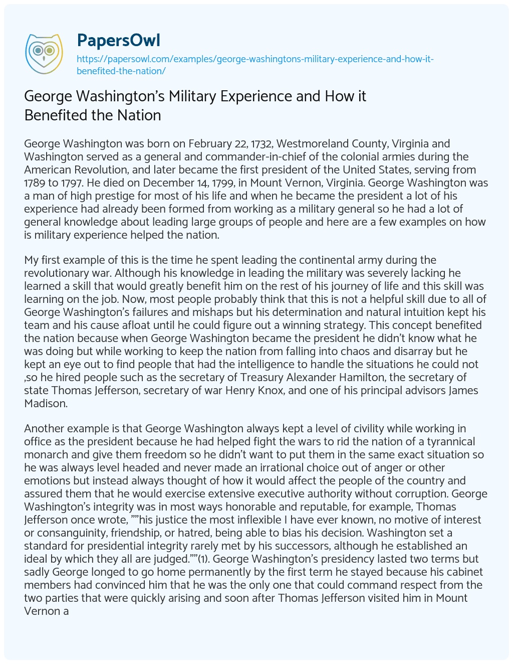 George Washington’s Military Experience and how it Benefited the Nation essay