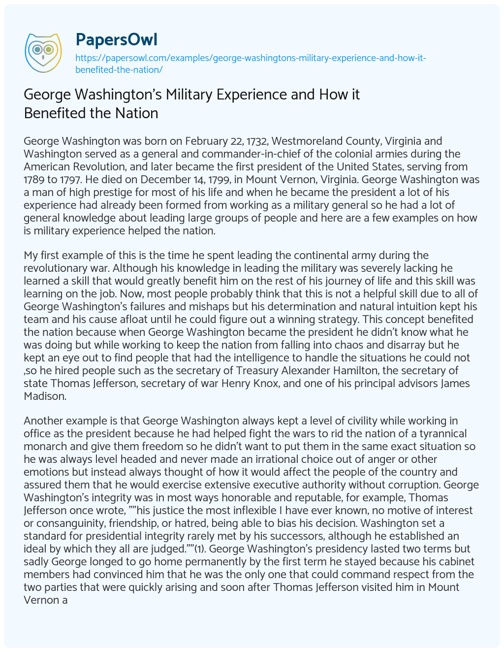 Essay on George Washington’s Military Experience and how it Benefited the Nation