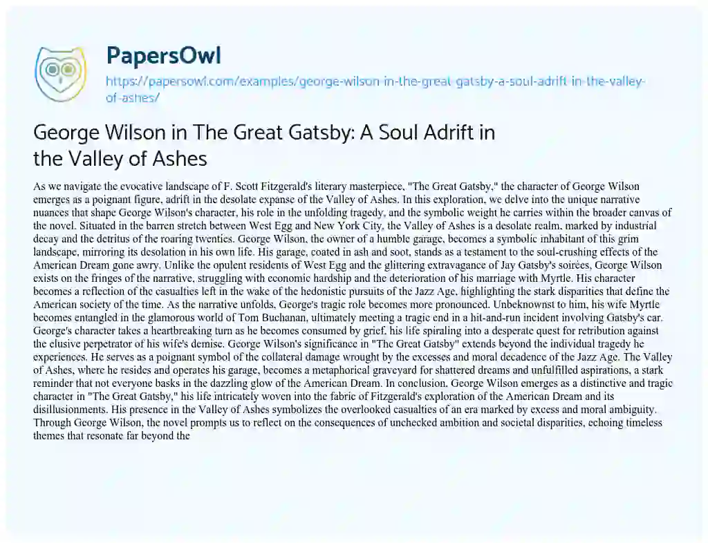 Essay on George Wilson in the Great Gatsby: a Soul Adrift in the Valley of Ashes
