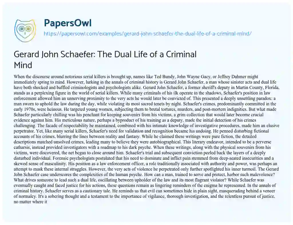 Essay on Gerard John Schaefer: the Dual Life of a Criminal Mind