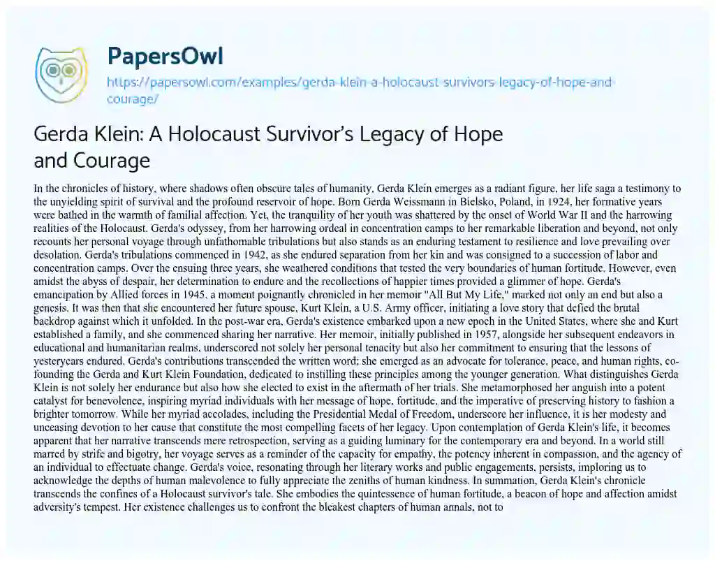 Essay on Gerda Klein: a Holocaust Survivor’s Legacy of Hope and Courage