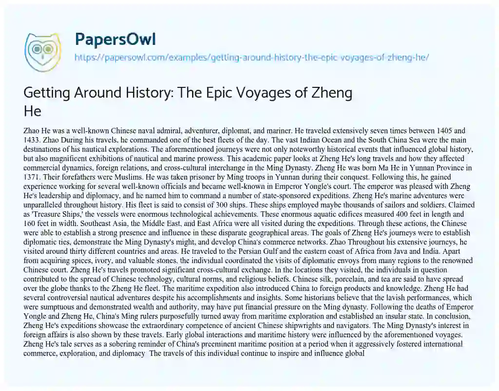 Essay on Getting Around History: the Epic Voyages of Zheng he
