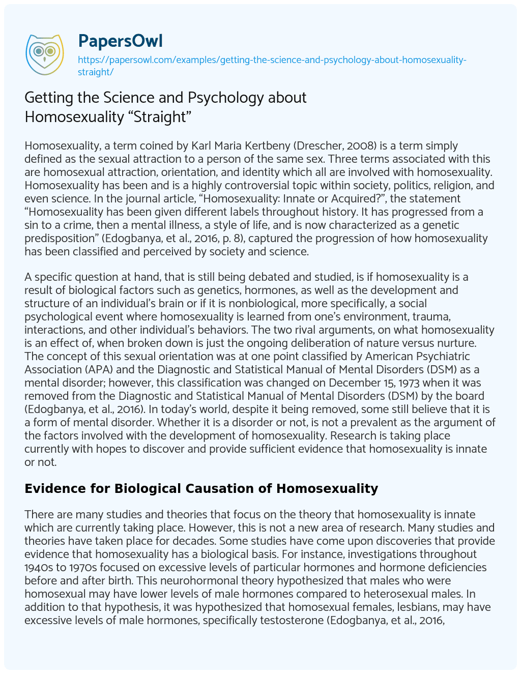 Essay on Getting the Science and Psychology about Homosexuality “Straight”