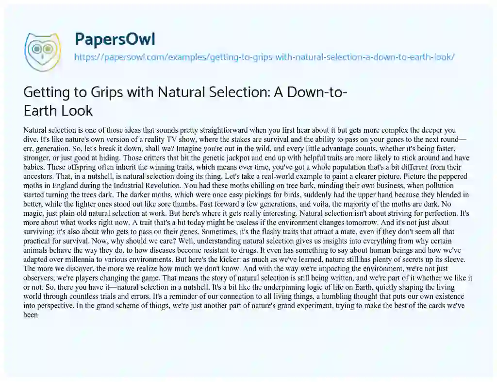 Essay on Getting to Grips with Natural Selection: a Down-to-Earth Look
