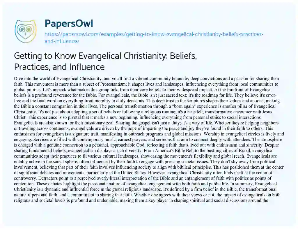 Essay on Getting to Know Evangelical Christianity: Beliefs, Practices, and Influence