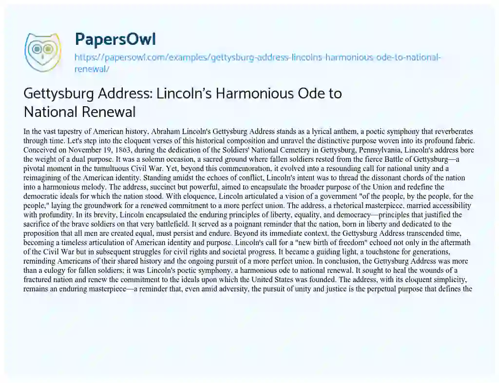 Essay on Gettysburg Address: Lincoln’s Harmonious Ode to National Renewal