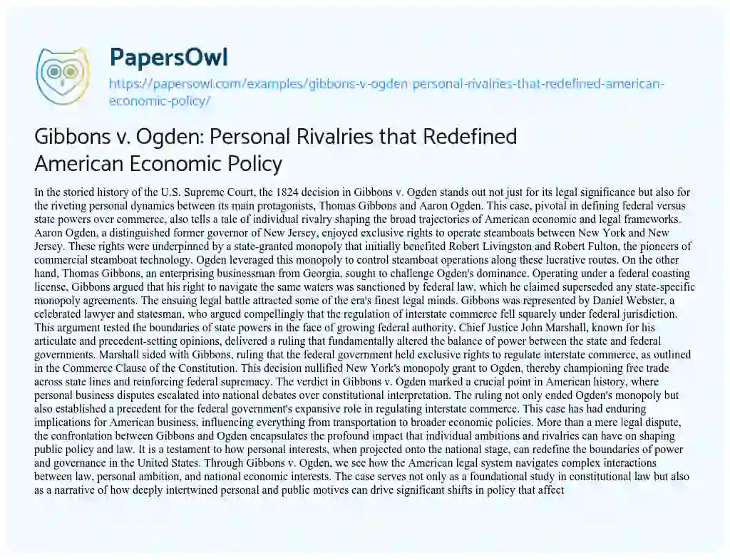 Essay on Gibbons V. Ogden: Personal Rivalries that Redefined American Economic Policy