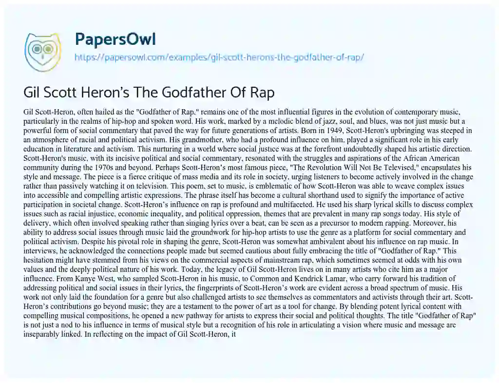 Essay on Gil Scott Heron’s the Godfather of Rap