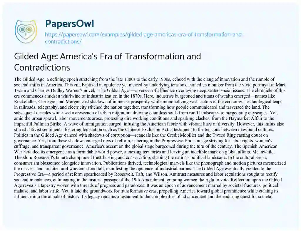 Essay on Gilded Age: America’s Era of Transformation and Contradictions