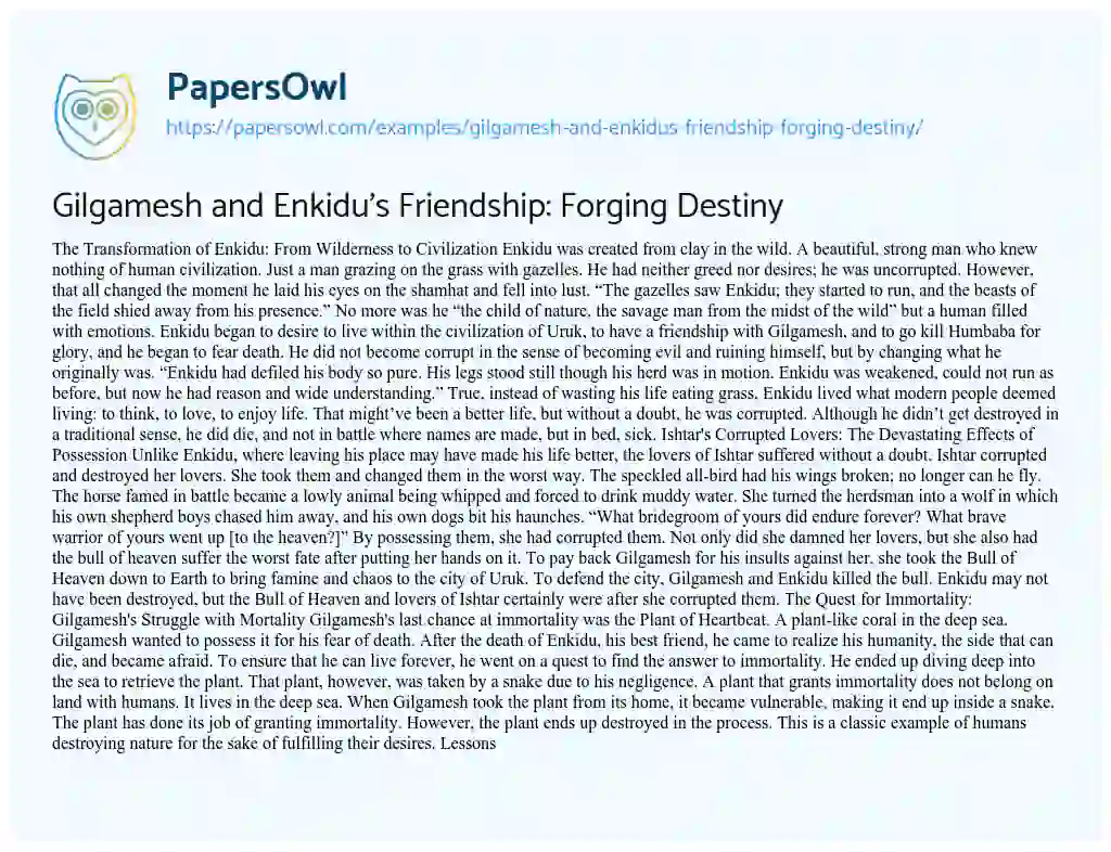 Essay on Gilgamesh and Enkidu’s Friendship: Forging Destiny