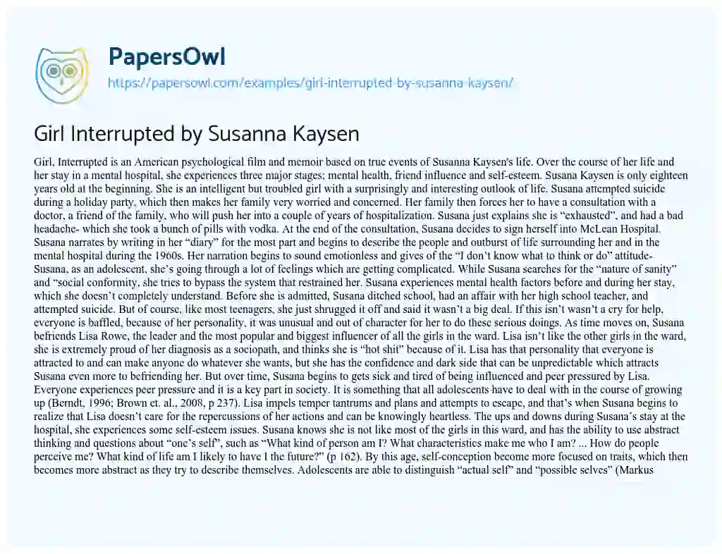 Girl Interrupted by Susanna Kaysen essay