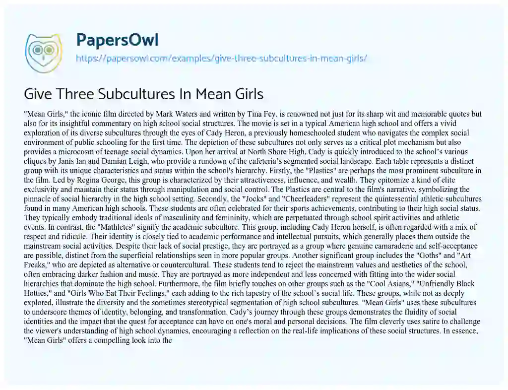 Essay on Give Three Subcultures in Mean Girls