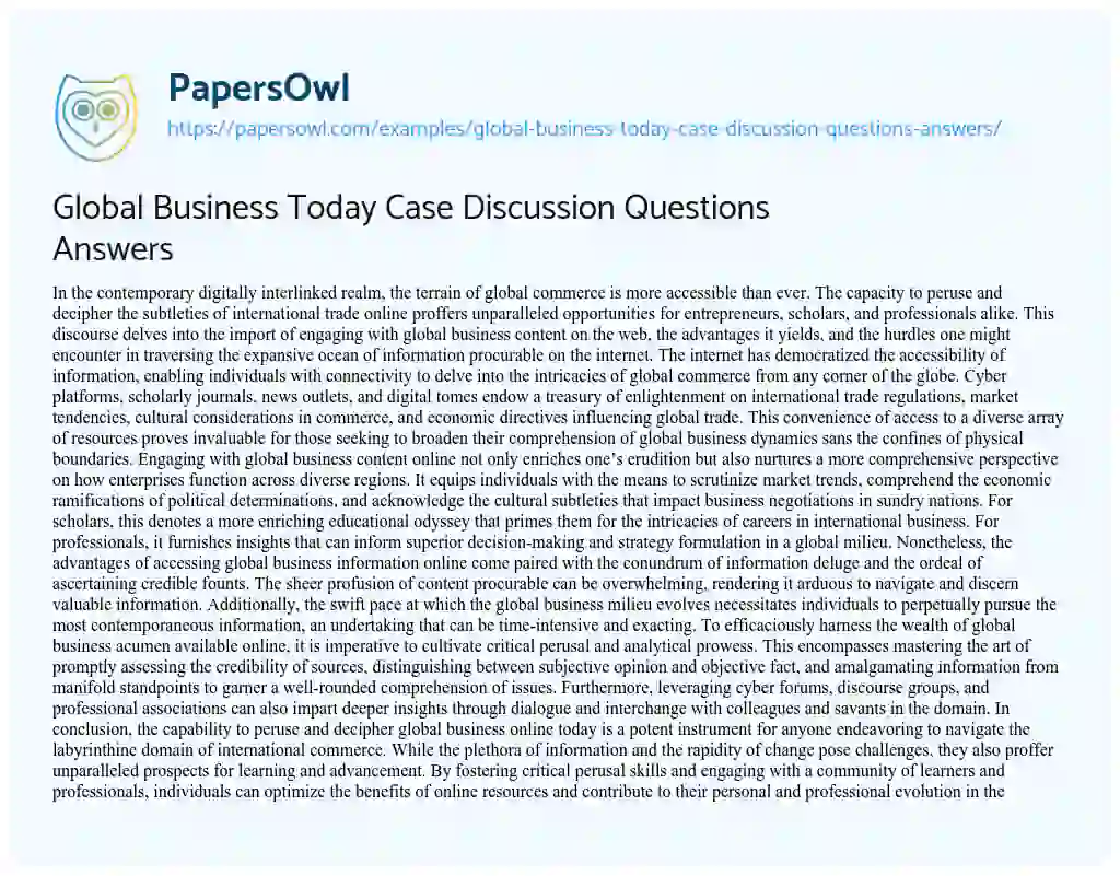 Essay on Global Business Today Case Discussion Questions Answers
