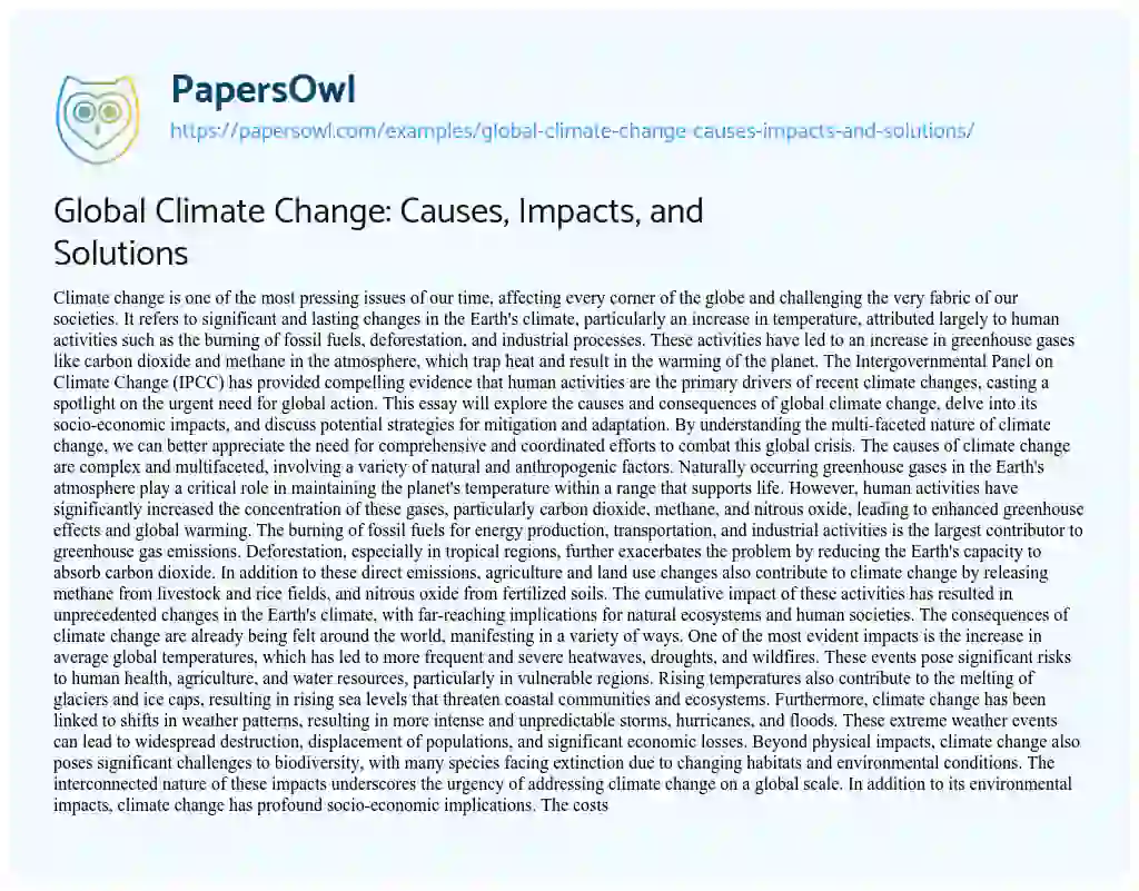 Essay on Global Climate Change: Causes, Impacts, and Solutions