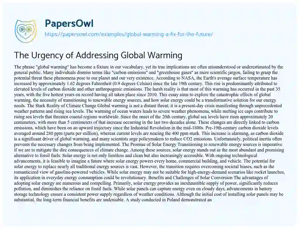 Essay on Global Warming – a Fix for the Future