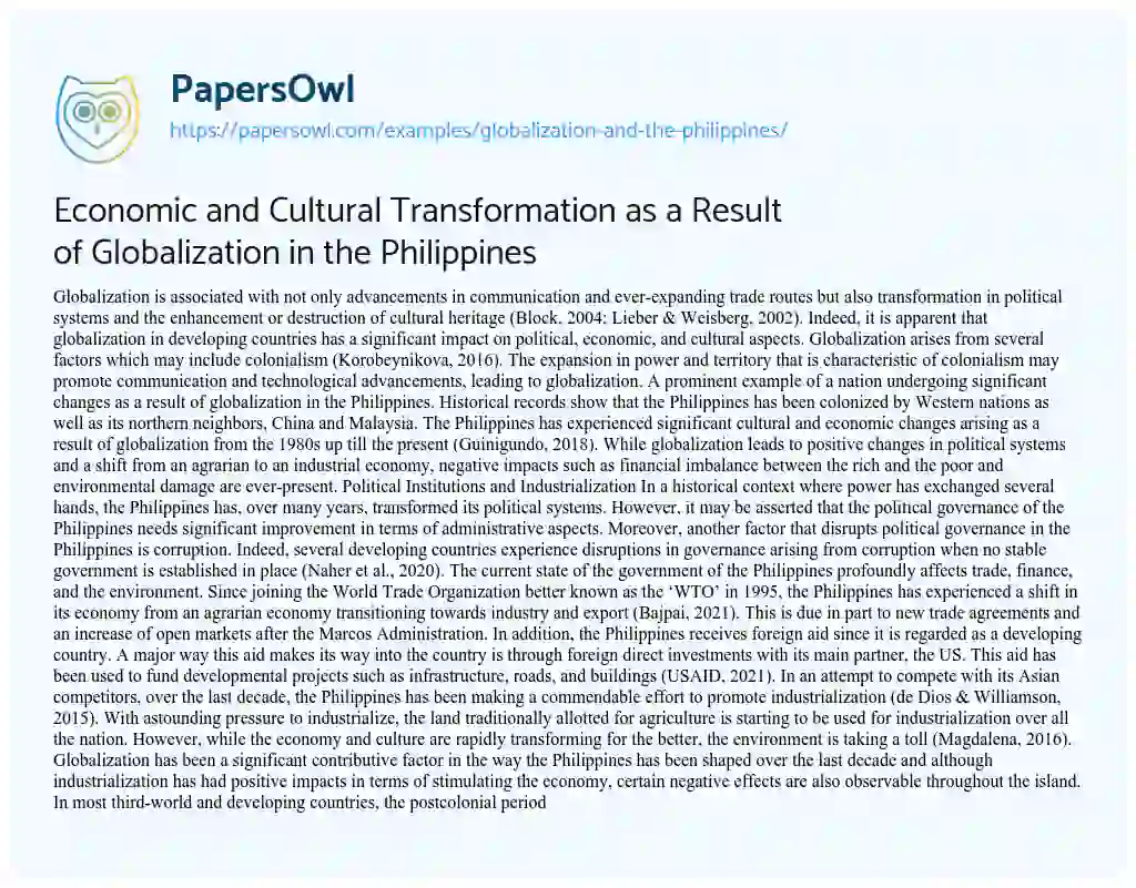Essay on Economic and Cultural Transformation as a Result of Globalization in the Philippines
