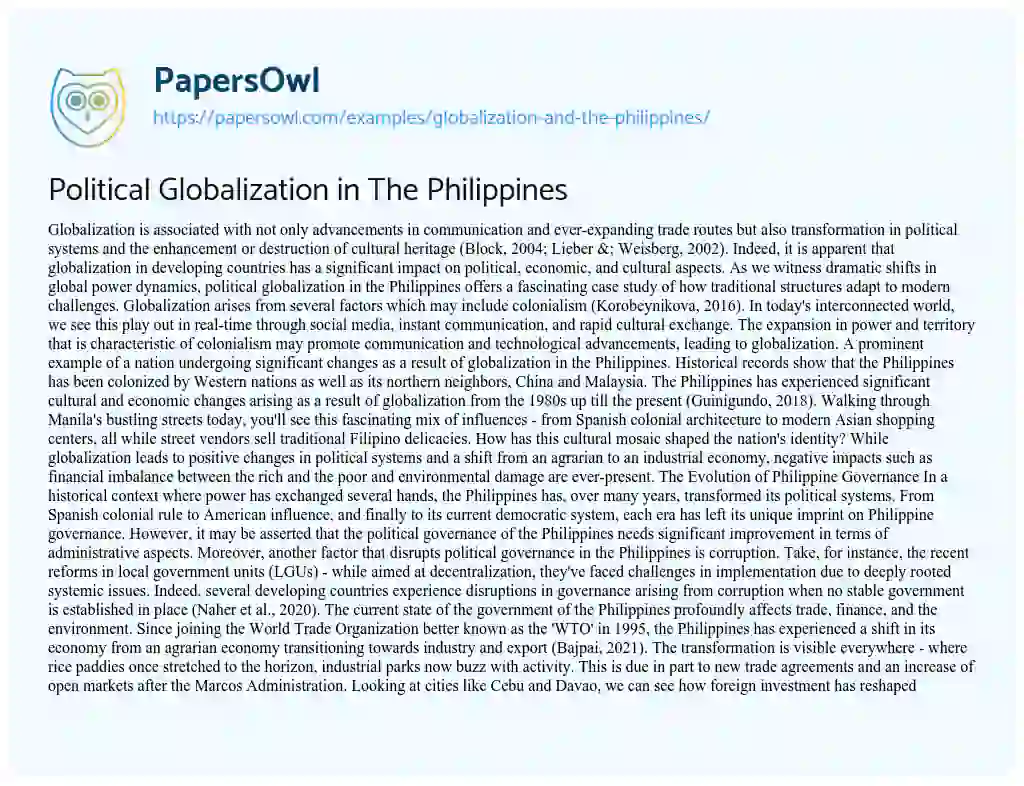 Essay on Economic and Cultural Transformation as a Result of Globalization in the Philippines