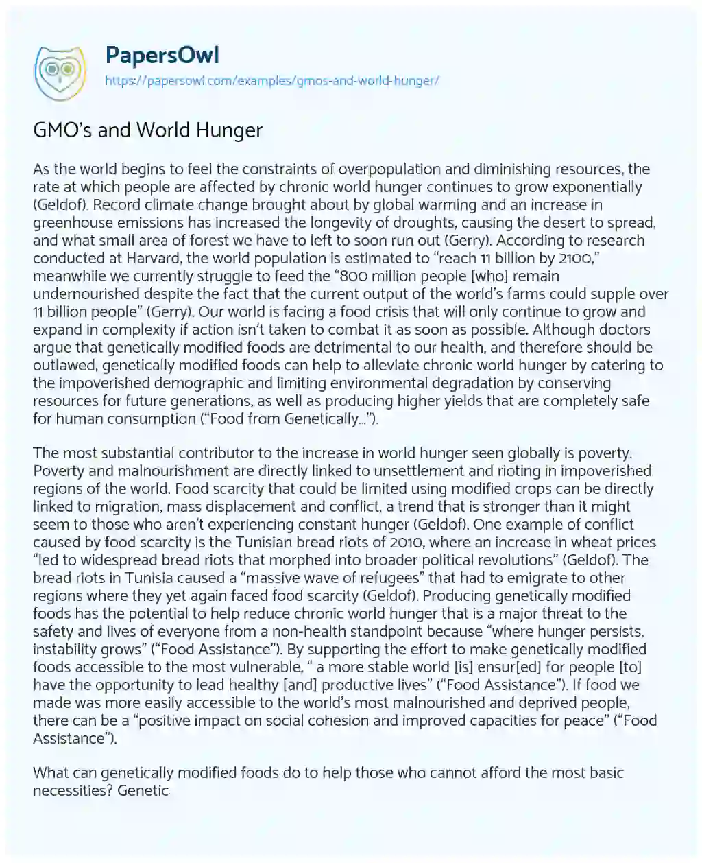 GMO’s and World Hunger essay