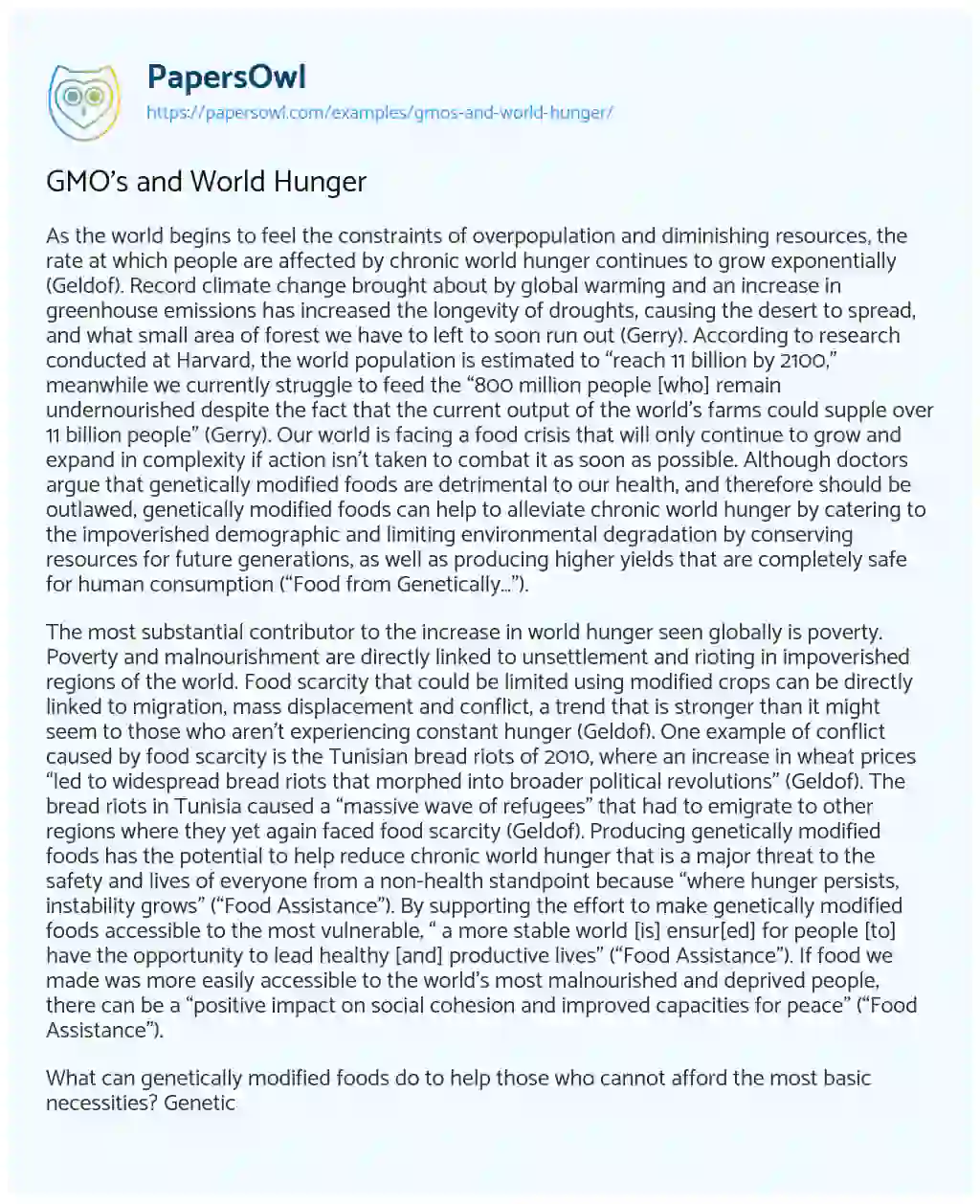 Essay on GMO’s and World Hunger