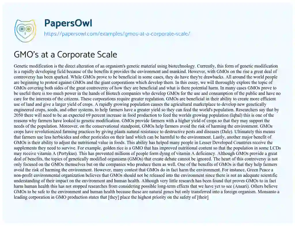 Essay on GMO’s at a Corporate Scale