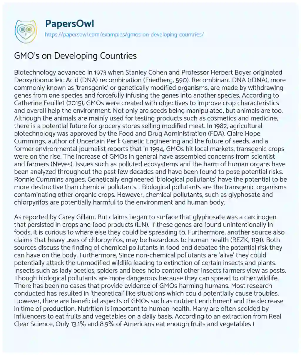 Essay on GMO’s on Developing Countries