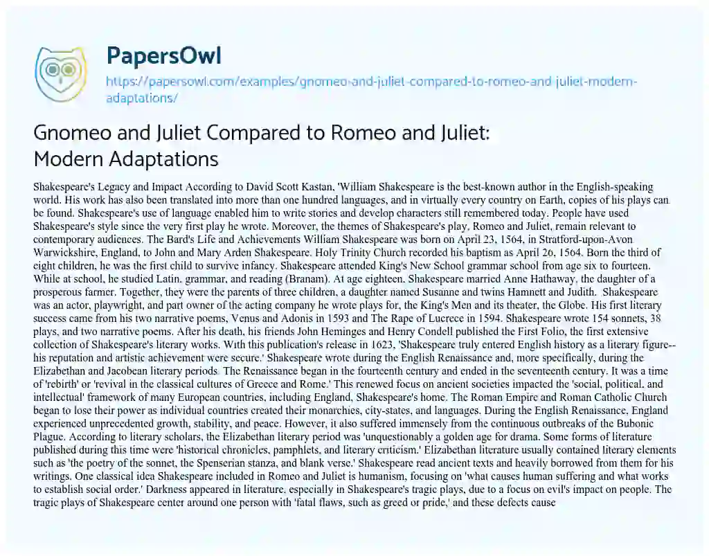 Essay on Gnomeo and Juliet Compared to Romeo and Juliet: Modern Adaptations