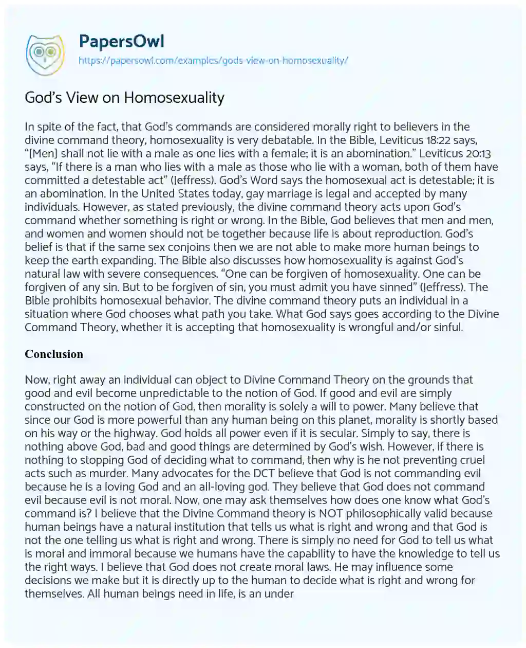 God’s View on Homosexuality essay