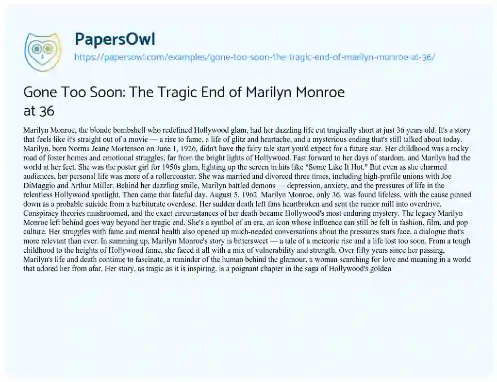 Essay on Gone too Soon: the Tragic End of Marilyn Monroe at 36