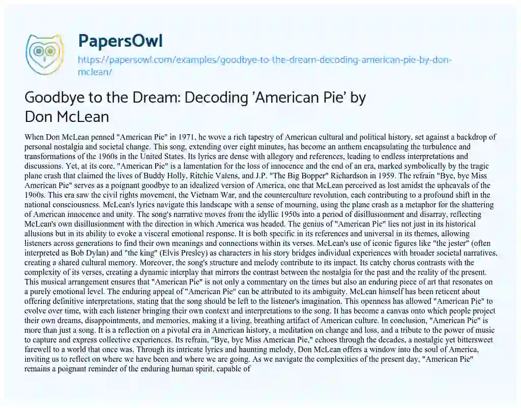 Essay on Goodbye to the Dream: Decoding ‘American Pie’ by Don McLean