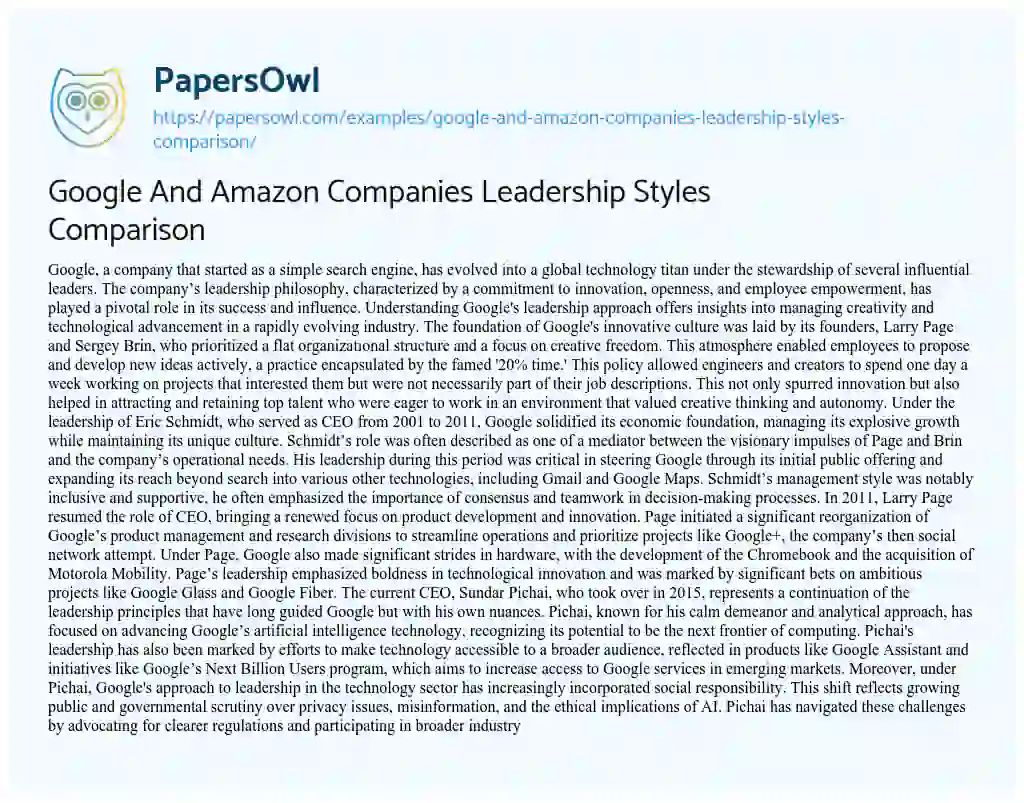 Essay on Google and Amazon Companies Leadership Styles Comparison