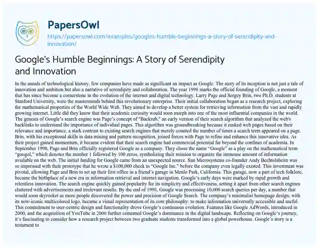 Essay on Google’s Humble Beginnings: a Story of Serendipity and Innovation