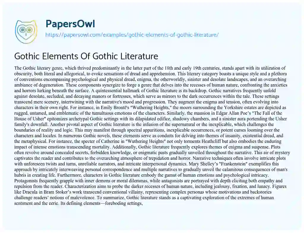 Essay on Gothic Elements of Gothic Literature