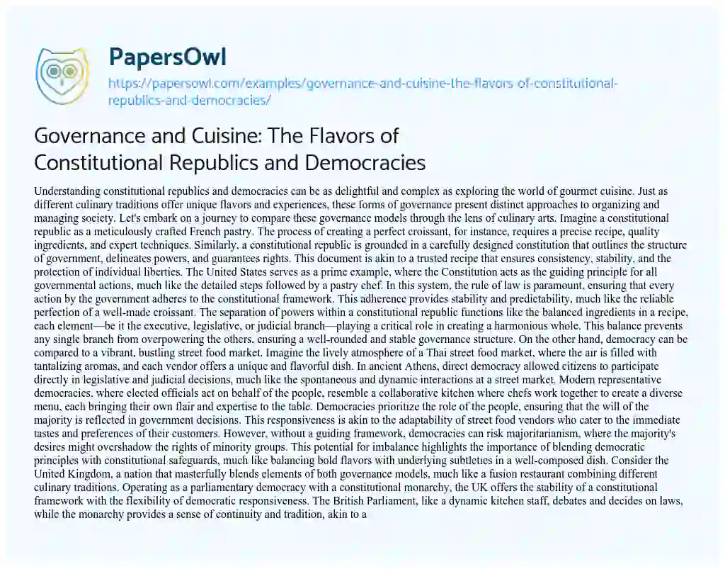 Essay on Governance and Cuisine: the Flavors of Constitutional Republics and Democracies