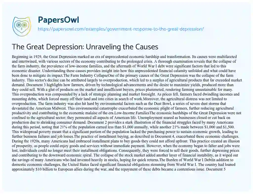 Essay on Government Response to the Great Depression