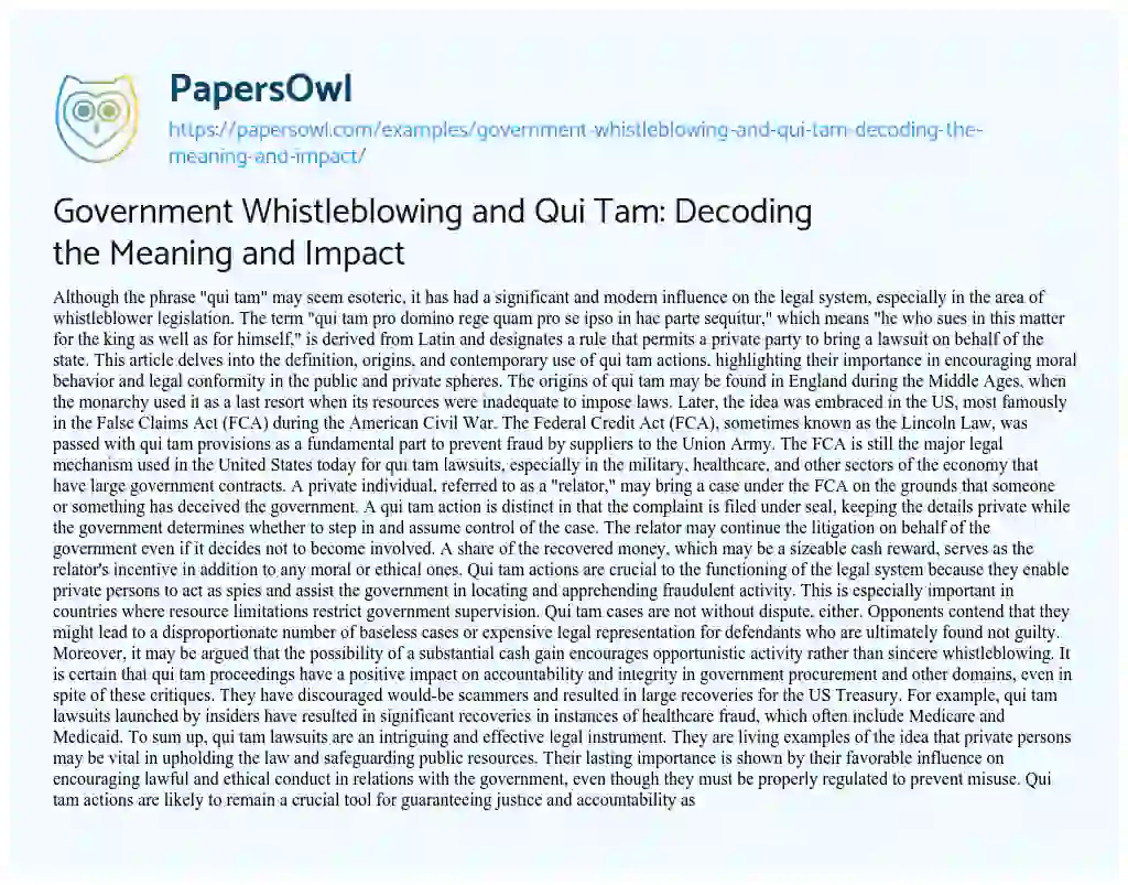 Essay on Government Whistleblowing and Qui Tam: Decoding the Meaning and Impact