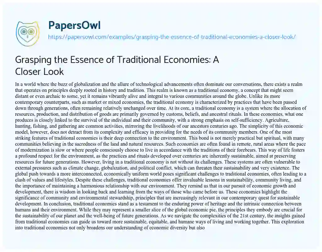 Essay on Grasping the Essence of Traditional Economies: a Closer Look