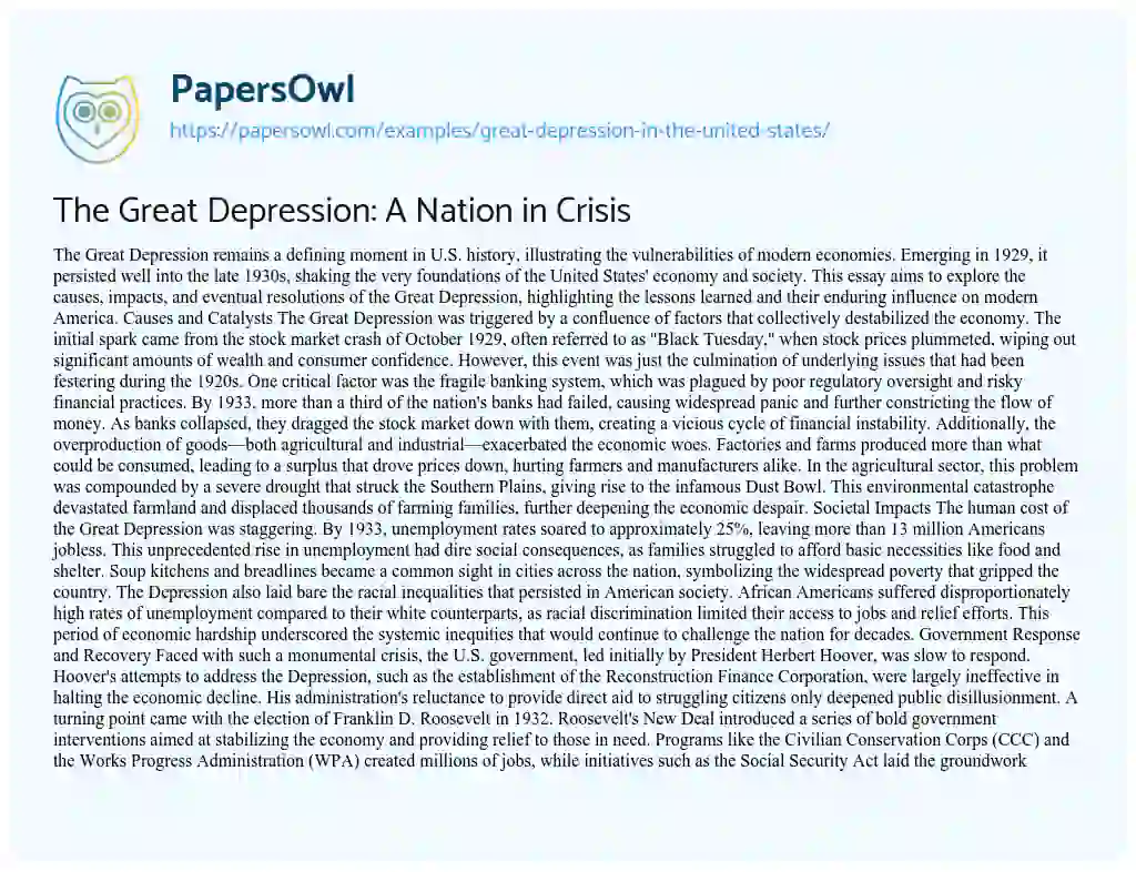 Essay on Great Depression in the United States