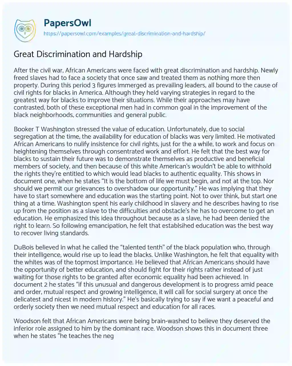 Great Discrimination and Hardship essay