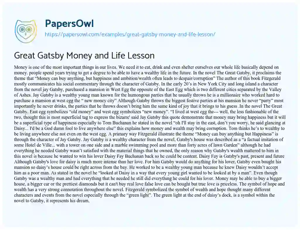Great Gatsby Money and Life Lesson essay
