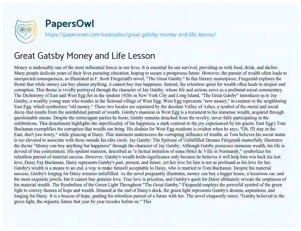 Essay on Great Gatsby Money and Life Lesson