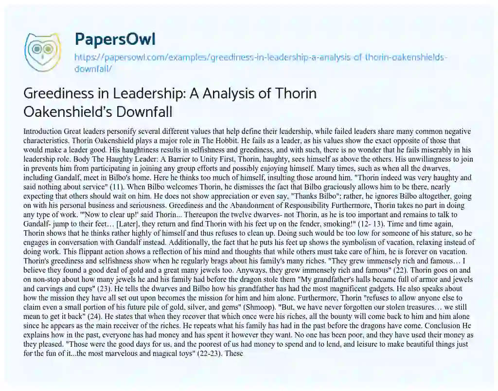 Essay on Greediness in Leadership: a Analysis of Thorin Oakenshield’s Downfall