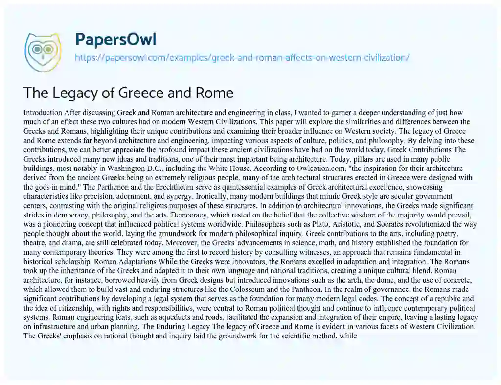 Essay on Greek and Roman Affects on Western Civilization