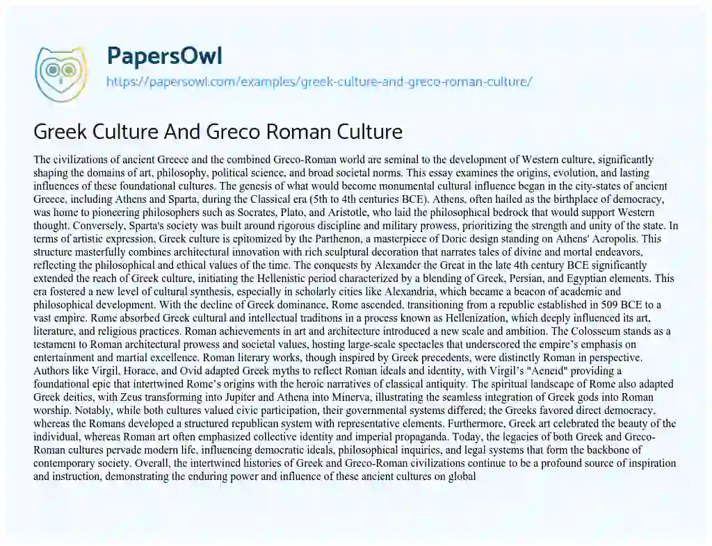 Essay on Greek Culture and Greco Roman Culture